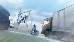  1girl belt belt_buckle blue_sailor_collar blue_skirt blue_socks bow brown_hair buckle character_request chest_bow chuo_tanegashima_high_school_uniform chuo_tanegashima_high_winter_school_uniform cropped_shirt from_behind fukuda_tomonori game_cg grey_shirt hair_between_eyes high-waist_skirt high_ponytail highres loafers looking_at_another mecha mecha_request miniskirt missile motion_lines motor_vehicle non-web_source official_art on_scooter pleated_skirt ponytail red_bow riding_scooter robot robotics;notes rocket rocket_ship sailor_collar school_uniform scooter senomiya_akiho shirt shoes skirt socks solo spacecraft truck 