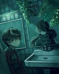  black_robe black_shirt brown_hair english_text eye_print faucet flower green_light hair_over_eyes havelyyn0117 highres jyu_viole_grace leaf long_hair looking_at_viewer male_focus original petals plant ponytail robe shirt short_hair signature sink toilet_stall tower_of_god twenty-fifth_bam yellow_eyes 