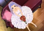  1girl :d absurdres blue_hair blunt_bangs couch flower highres kannagi looking_at_viewer nagi official_art purple_eyes scan sitting smile solo veil wedding_dress 