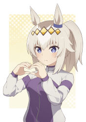  1girl absurdres blue_eyes blue_jacket closed_mouth commentary ear_ornament frown hair_ornament heart heart_hands highres horse_girl jacket kasamatsu_tracen_training_uniform kelvwinte long_sleeves looking_at_viewer medium_hair oguri_cap_(umamusume) ponytail solo track_jacket umamusume umamusume:_cinderella_gray upper_body 