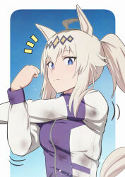  1girl ahoge animal_ears blue_background blue_eyes blue_jacket closed_mouth commentary dirty dirty_clothes frown grey_hair hair_ornament harumikan horse_ears horse_girl horse_tail jacket kasamatsu_tracen_training_uniform long_sleeves looking_at_viewer medium_hair motion_lines notice_lines oguri_cap_(umamusume) ponytail solo stretching tail track_jacket umamusume umamusume:_cinderella_gray upper_body 