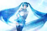  3d aqua_hair detached_sleeves glowing hatsune_miku headset hinemaru long_hair necktie skirt thighhighs twintails very_long_hair vocaloid wind zettai_ryouiki 