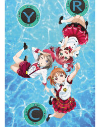  3girls ahoge aqua_eyes artbook beret blue_eyes bow bowtie cyaron!_(love_live!) genki_zenkai_day!_day!_day! grey_hair hair_ornament hat highres kurosawa_ruby looking_at_viewer love_live! love_live!_sunshine!! multiple_girls necktie non-web_source official_alternate_costume official_art one_eye_closed open_mouth orange_hair red_bow red_bowtie red_eyes red_hair red_necktie red_skirt shirt short_hair skirt smile suspenders takami_chika watanabe_you water white_shirt 