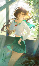  1girl absurdres adjusting_hair baxi_kekewei black_hair brown_eyes commission cowboy_shot floating_hair flower from_side green_sailor_collar green_skirt grin hand_up highres higurashi_kagome indoors inuyasha light_rays long_hair long_sleeves looking_at_viewer midriff miniskirt plant pleated_skirt sailor_collar school_uniform serafuku shirt skirt smile solo sunbeam sunlight turning_head watermark weibo_watermark white_flower white_shirt window 