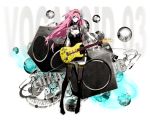  ako_(pivix) black_legwear blue_eyes bracelet dress gloves guitar headset highres instrument jewelry long_hair megurine_luka pale_skin pink_hair short_dress side_slit solo speaker thighhighs vocaloid 