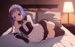  1girl bed blue_hair highres kannagi lamp looking_at_viewer lying maid nagi official_art purple_eyes smile solo thigh-highs wallpaper zettai_ryouiki 