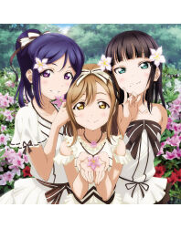  3girls aqua_eyes artbook azalea_(love_live!) black_hair blunt_bangs blush bow brown_hair clothing_cutout collarbone day dress flower grin hair_bow hair_flower hair_ornament hair_ribbon highres holding holding_flower jewelry kunikida_hanamaru kurosawa_dia long_hair looking_at_viewer love_live! love_live!_sunshine!! matsuura_kanan mole mole_under_mouth multiple_girls necklace non-web_source official_alternate_costume official_art outdoors pink_flower ponytail purple_hair ribbon ribbon-trimmed_sleeves ribbon_trim shoulder_cutout smile strapless strapless_dress striped_bow striped_ribbon torikoriko_please!! upper_body violet_eyes white_dress yellow_eyes 