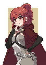  1girl absurdres anna_(fire_emblem) cape cianter cloak closed_mouth finger_to_face fire_emblem fire_emblem_fates harness highres hood hood_down hooded_cloak o-ring o-ring_harness ponytail red_cape red_eyes red_hair smile 