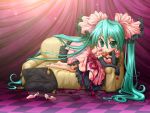  aqua_hair barefoot checkered cherry chibi couch dress elbow_gloves food frills fruit gloves hair_ribbon hatsune_miku high_heels long_hair lying maico_(laserspark) on_side pillow ribbon shoes twintails very_long_hair vocaloid world_is_mine_(vocaloid) 