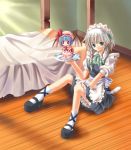  absurdres bad_id bat_wings bed blue_eyes blue_hair braid doll hair_ribbon highres izayoi_sakuya kamisakai lingerie maid maid_headdress petticoat red_eyes remilia_scarlet ribbon silver_hair sitting touhou tray twin_braids underwear wings 