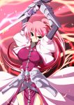  arms_up blue_eyes breasts fingerless_gloves fire gauntlets gloves hair_ribbon highres ka2 large_breasts levantine long_hair mahou_shoujo_lyrical_nanoha mahou_shoujo_lyrical_nanoha_a&#039;s mahou_shoujo_lyrical_nanoha_a's pink_hair ponytail ribbon signum solo sword thighs weapon 