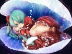  aqua_eyes aqua_hair bubble clam dress feathers fetal_position flower hair_ribbon hatsune_miku high_heels long_hair lying mico on_side ponytail red_dress ribbon rose shoes side underwater vocaloid wet_clothes 
