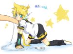  all_fours aqua_eyes asata bad_id blonde_hair blush cable detached_sleeves eringihata finger fingers headphones kagamine_len leaning male miniboy necktie open_mouth poke poking short_hair solo star translated usb vocaloid 
