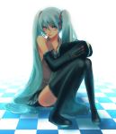  aqua_hair checkered detached_sleeves hatsune_miku headphones headset long_hair naughty_face necktie panties pantyshot sitting smile thigh-highs thighhighs tongue twintails underwear uno_(artist) uno_(colorbox) very_long_hair vocaloid zettai_ryouiki 