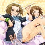  2girls brown_eyes brown_hair couch drumsticks grin hairband hirasawa_yui k-on! mami_akira multiple_girls school_uniform short_hair smile tainaka_ritsu wristband wristbands 