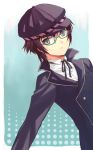  androgynous blue_eyes blue_hair cabbie_hat glasses hat hijiri_ruka persona persona_4 reverse_trap school_uniform shirogane_naoto short_hair solo 