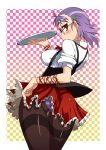  bad_id erect_nipples glasses kusanagi_tonbo looking_back original panties panties_under_pantyhose pantyhose pantyshot pink_eyes purple_hair short_hair skirt solo striped striped_panties underwear waitress 