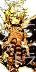  ame_shoku blonde_hair collar face hair_ornament hair_ribbon hairclip hello_nostradamus_(vocaloid) kagamine_rin ribbon short_hair skirt striped striped_legwear striped_thighhighs thigh-highs thighhighs vocaloid 