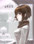  breath brown_eyes brown_hair hagiwara_yukiho idolmaster jeffr no_lineart scarf short_hair snow solo winter_clothes 