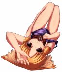  animal_ears barefoot blonde_hair brown_eyes chocolate collar dog_ears foreshortening hand_on_head hands heart highres lying on_back one-piece_swimsuit original red_eyes school_swimsuit short_hair simple_background solo strap_slip swimsuit thigh_gap upside-down valentine 