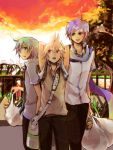  aqua_hair bag blonde_hair blue_eyes blue_hair casual genderswap green_eyes hakiri hatsune_mikuo kagamine_len kaito male multiple_boys necktie scarf short_hair spring_onion sunset vocaloid 