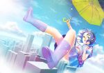  bag boots cityscape cloud clouds convenient_leg flying fukuoka_asahi green_eyes headphones original purple_hair rain rubber_boots short_hair sky umbrella umbrella_riding wristband wristbands 