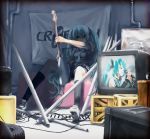  &ne; bad_id blue_eyes detached_sleeves guitar hatsune_miku headset instrument long_hair microphone necktie notequal shorts sitting socks twintails vocaloid 