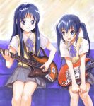  akiyama_mio blue_eyes blue_hair brown_eyes fender guitar hirokazu instrument k-on! long_hair multiple_girls mustang(guitar) nakano_azusa school_uniform traditional_media twintails 