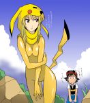  bodysuit commentary cosplay costume genderswap hat highres hood kakkii nintendo personification pikachu pikachu_(cosplay) pokemon pokemon_(anime) red_eyes satoshi_(pokemon) tail translated translation_request 