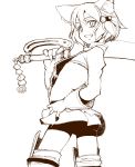 animal_ears arched_back bike_shorts brown fighter_(7th_dragon) gauntlets gloves grin hand_on_hip highres looking_back monochrome ryoutya smile sword weapon 