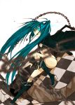  aqua_eyes aqua_hair arizumi bikini_top black_rock_shooter black_rock_shooter_(character) black_rock_shooter_(cosplay) boots chain chains cosplay flat_chest glowing glowing_eyes hatsune_miku long_hair midriff navel shorts solo twintails vocaloid 