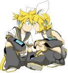  blonde_hair blue_eyes face hair_ornament hair_ribbon hairclip headphones headset kagamine_len kagamine_rin moke_(gaton) ribbon sailor_collar short_hair shorts siblings simple_background sitting twins vocaloid 