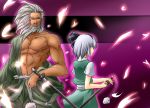  back_to_back beard facial_hair hair_ribbon highres japanese_clothes konjiki_(pixiv) konpaku_youki konpaku_youmu muscle petals regls ribbon short_hair sword touhou weapon wink xefy 