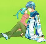  blue_eyes blue_hair child closed_eyes hatsune_miku kaito long_hair profile scarf short_hair simple_background sitting twintails vocaloid 