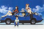  ayanami_rei bird blonde_hair blue_hair boots car cloud clouds earrings highres ikari_shinji jewelry katsuragi_misato left-hand_drive long_hair motor_vehicle neon_genesis_evangelion penguin penpen red_hair redhead renault renault_alpine_a310 scan short_hair sitting_on_car sky sleeping smile soryu_asuka_langley souryuu_asuka_langley twintails vehicle 