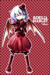  bat_wings blue_hair character_name checkered checkered_background closed_eyes elbow_gloves fang gloves hands_together hat mini_top_hat nightea remilia_scarlet short_hair smile solo striped striped_legwear striped_thighhighs thigh-highs thighhighs top_hat touhou wings 