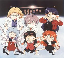  ayanami_rei blonde_hair brown_hair cheek_pinch cheek_pinching chibi ear_pull highres ikari_shinji katsuragi_misato labcoat nagisa_kaworu neon_genesis_evangelion pantyhose pinching purple_hair scan short_hair souryuu_asuka_langley uniform wings 