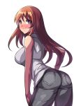  1girl ass bare_shoulders breasts brown_eyes brown_hair large_breasts leaning_forward long_hair looking_at_viewer looking_back original saiste shadow simple_background smile solo 
