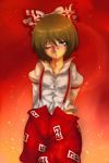  1girl arms_behind_back blonde_hair bow cosplay face fujiwara_no_mokou fujiwara_no_mokou_(cosplay) hair_bow harusame_(unmei_no_ikasumi) lunasa_prismriver short_hair solo touhou wink yellow_eyes 