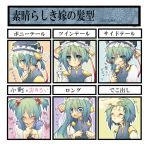  alternate_hairstyle blue_eyes blush cosplay embarrassed green_hair hair_bobbles hair_ornament hat kimigairukara onozuka_komachi onozuka_komachi_(cosplay) petting shikieiki_yamaxanadu touhou translation_request 