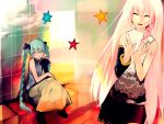  blush braid closed_eyes hatsune_miku long_hair megurine_luka nokuromu pink_hair sitting smile twintails vocaloid yajiroshi 