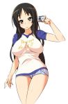  bangs black_hair blue_eyes blunt_bangs breasts camera english hime_cut k-on! large_breasts nekomamire raglan_sleeves shorts smile solo thighs 