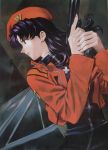  beret gun hat highres katsuragi_misato neon_genesis_evangelion purple_hair sadamoto_yoshiyuki scan uniform weapon 