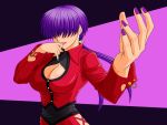  breasts cleavage cleavage_cutout earrings fingernails hair_over_eyes jewelry king_of_fighters lips lipstick long_hair makani_kohitujito nail_polish nails ponytail purple_hair shermie snk 