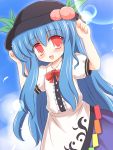  blush bow food food_as_clothes fruit hat hinanawi_tenshi lens_flare long_hair peach red_eyes ry solo touhou 