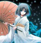  blue_eyes japanese_clothes kara_no_kyoukai kimono oriental_umbrella ryougi_shiki short_hair snow solo tokitsukaze_otoha umbrella 