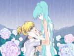  1024x768 aqua_hair blonde_hair blue_eyes flower hatsune_miku hydrangea kagamine_len koz long_hair necktie profile rain short_hair twintails very_long_hair vocaloid wallpaper 