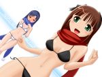  amami_haruka araragi bikini blue_hair blush brown_hair dutch_angle green_eyes idolmaster kisaragi_chihaya long_hair scarf short_hair swimsuit 