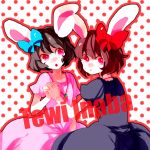  2girls :x animal_ears bad_id brown_hair bunny_ears dada_(dolce) dress dual_persona hair_ribbon hand_holding holding_hands inaba_tewi multiple_girls palette_swap rabbit_ears red_eyes ribbon short_hair touhou 