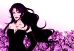  bare_shoulders black_dress black_hair breasts cleavage dress elbow_gloves flower fullmetal_alchemist gloves hexagram homunculus lipstick long_hair lust mutsuki_futako mutsukifutako_(pixiv) ouroboros purple purple_eyes purple_lipstick solo tattoo violet_eyes wavy_hair 